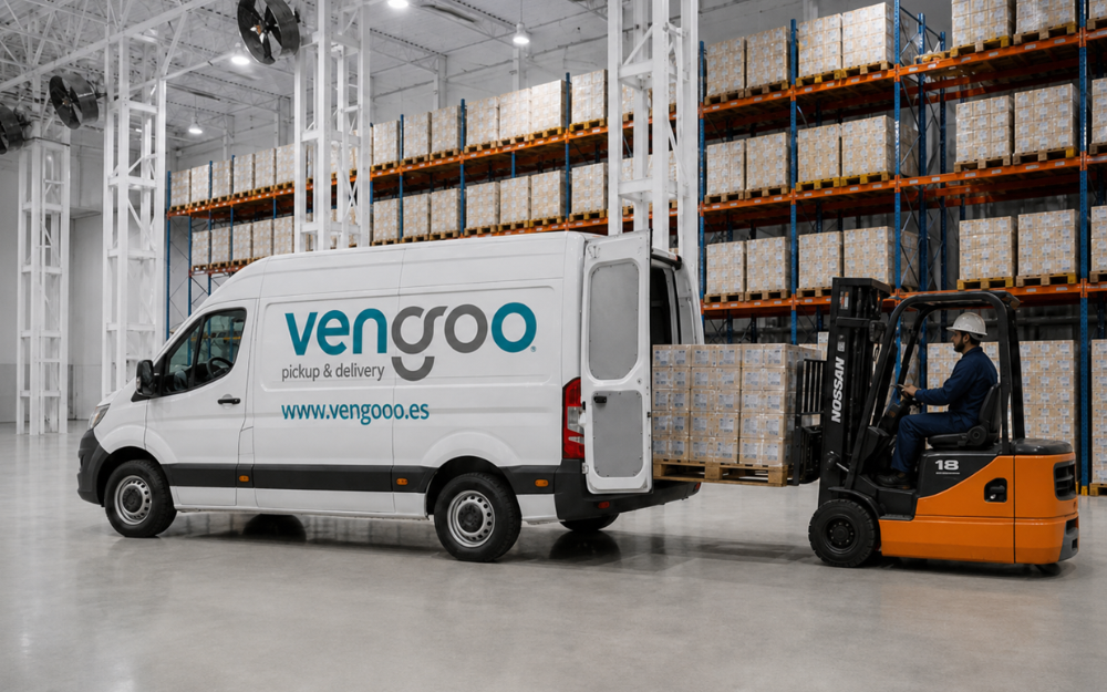 Carga de mercancía farmacéutica en furgón Vengoo con carretilla elevadora en almacén con normativa GDP