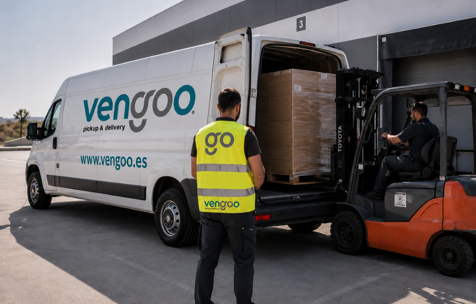 Carga de mercancía para transporte urgente puerta a puerta en Barcelona | Vengoo Operario supervisando la carga de mercancía paletizada en una furgoneta Vengoo mediante carretilla elevadora para un servicio de transporte urgente puerta a puerta en Barcelona.