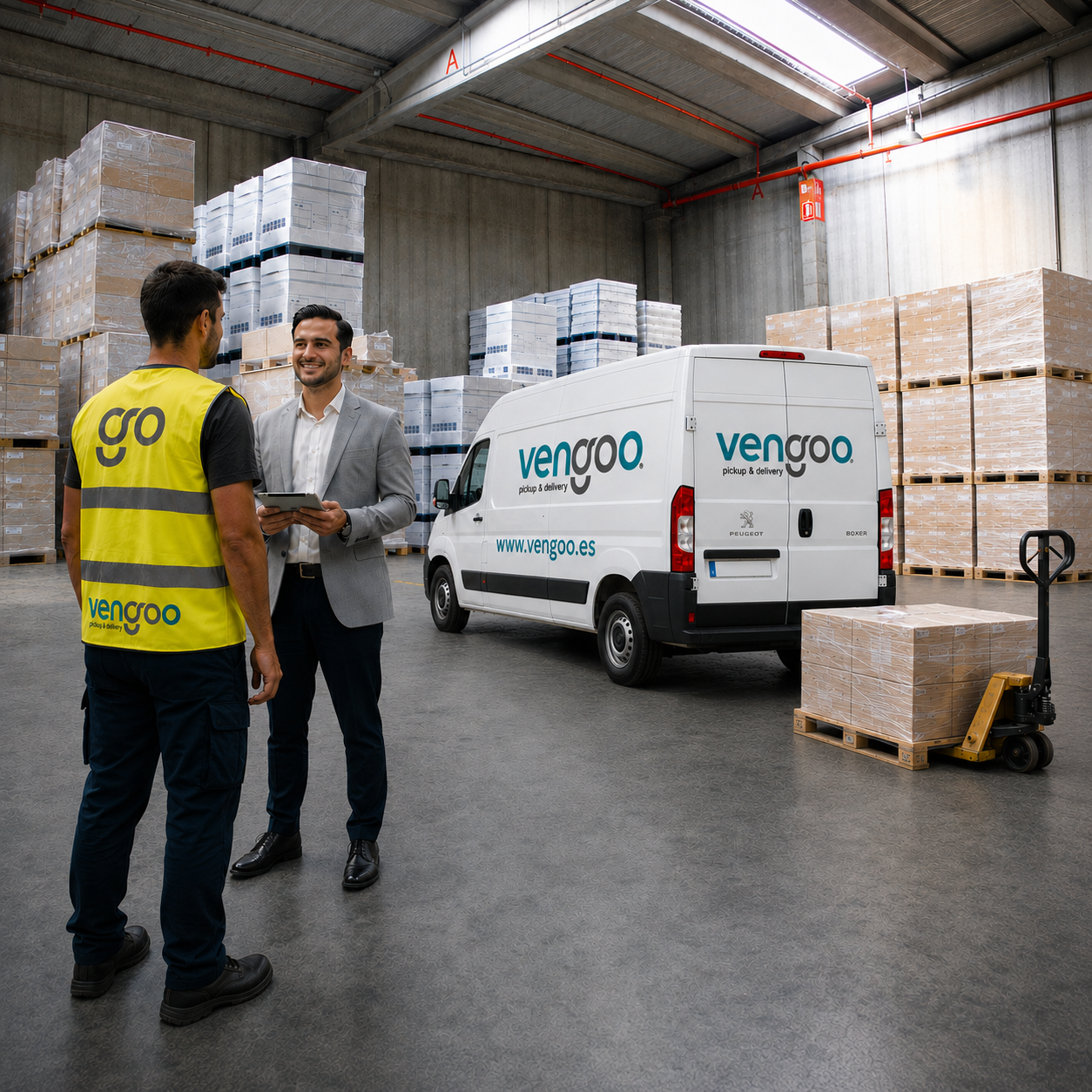 Gestión logística y carga de mercancía paletizada en almacén industrial | Vengoo Operario de Vengoo coordinando la carga de mercancía paletizada en un furgón dentro de un almacén logístico junto a un responsable de logística
