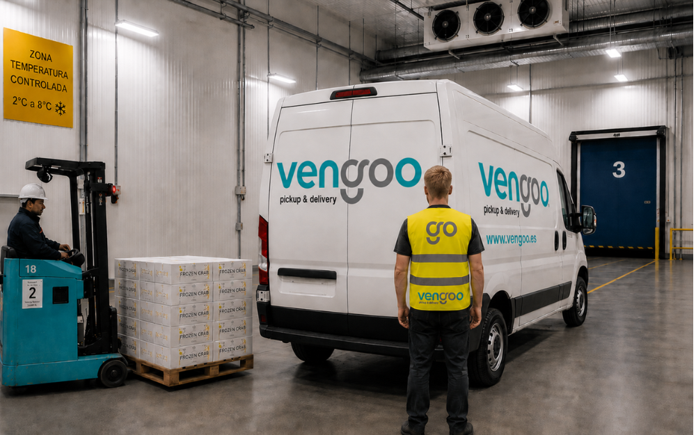 Carga de mercancía alimentaria a temperatura controlada en furgón Vengoo en Barcelona con carretilla elevadora