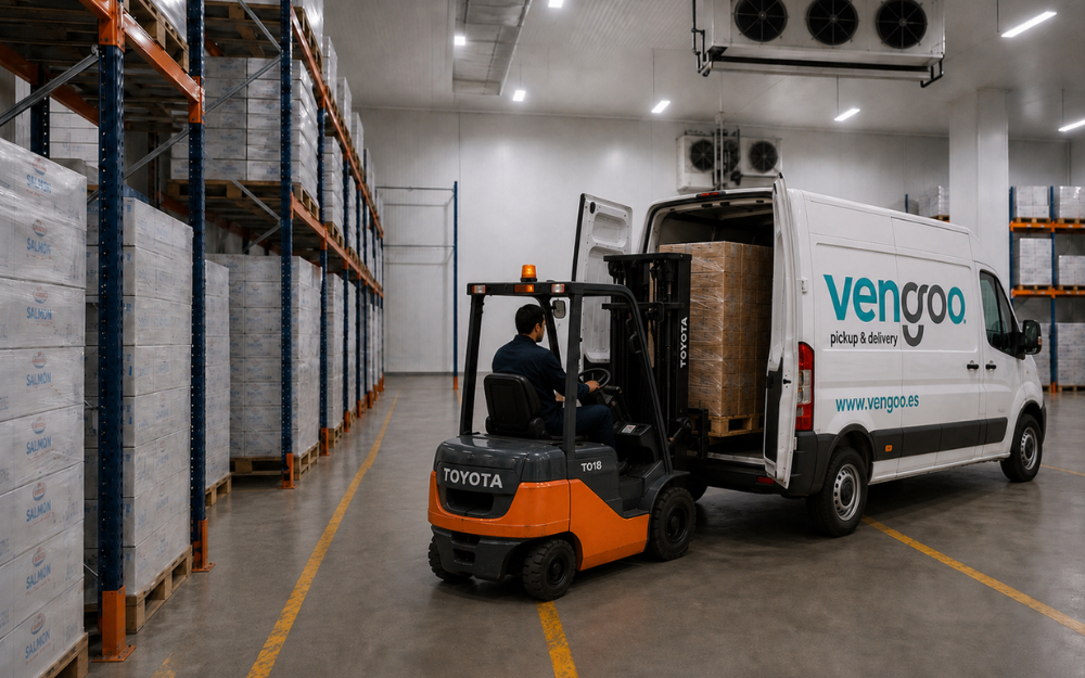 Carga de mercancía alimentaria en cámara frigorífica con carretilla elevadora en furgón Vengoo