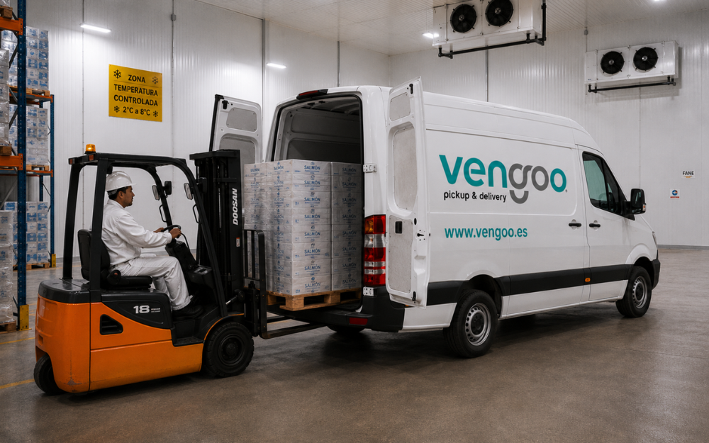 Carga de mercancía alimentaria en furgón Vengoo dentro de almacén frigorífico a temperatura controlada con carretilla elevadora