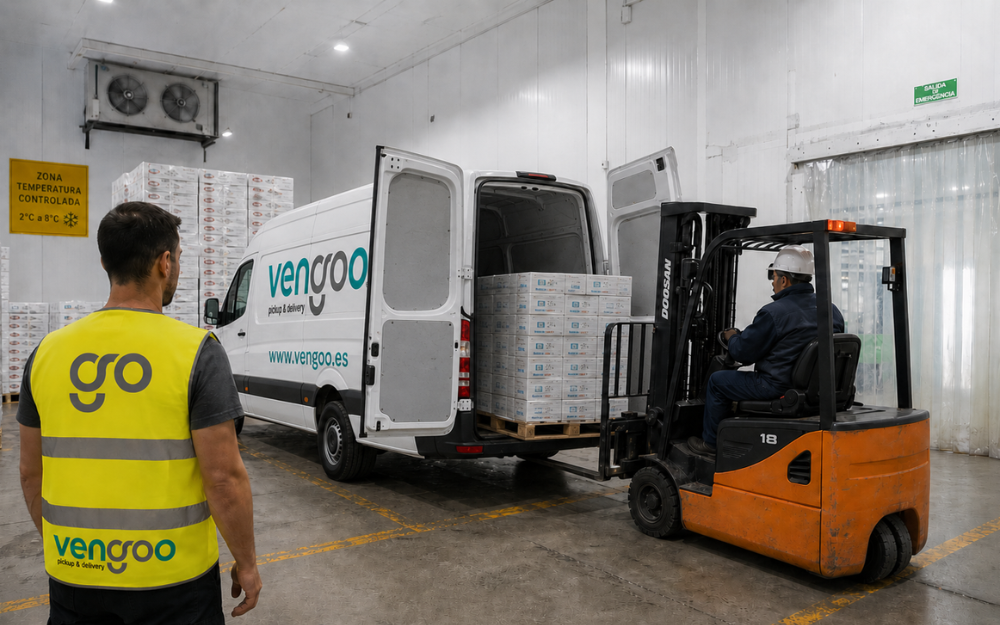 Carga de mercancía alimentaria en temperatura controlada con carretilla elevadora y furgón Vengoo en almacén logístico de Barcelona