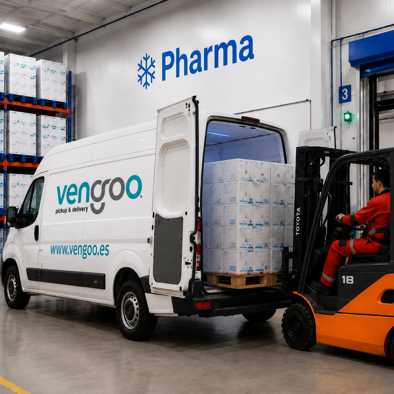 Transporte farmacéutico urgente en Barcelona con certificación GDP en almacén de temperatura controlada cargando mercancía