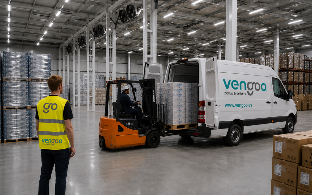 Carga de mercancía pharma en furgón Vengoo con carretilla elevadora en almacén logístico en Barcelona
