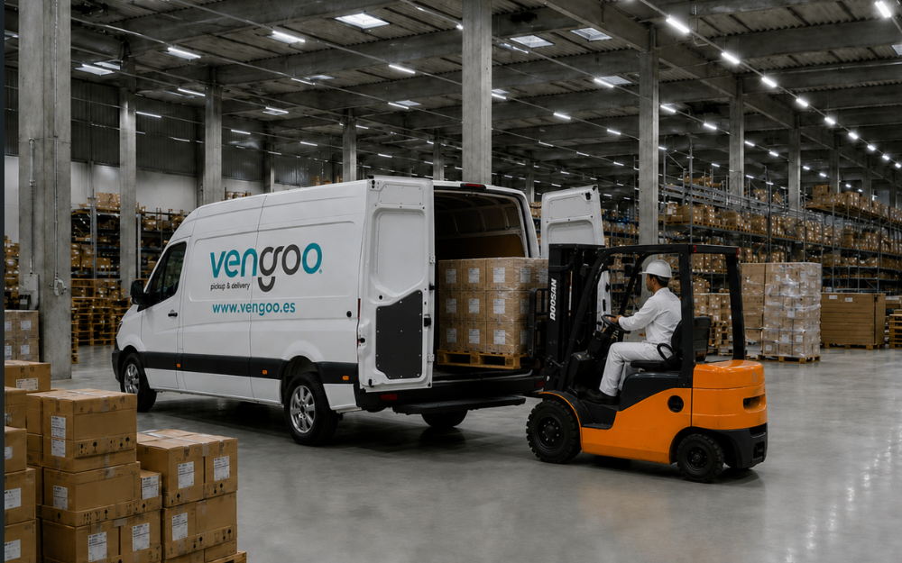 Carga de transporte urgente pharma en Barcelona con furgón Vengoo y carretilla elevadora en almacén logístico