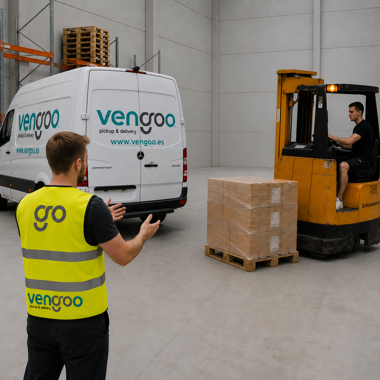 Servicio de transporte urgente dedicado en Barcelona con vehículo exclusivo de Vengoo realizando la carga de mercancía paletizada mediante carretilla elevadora.