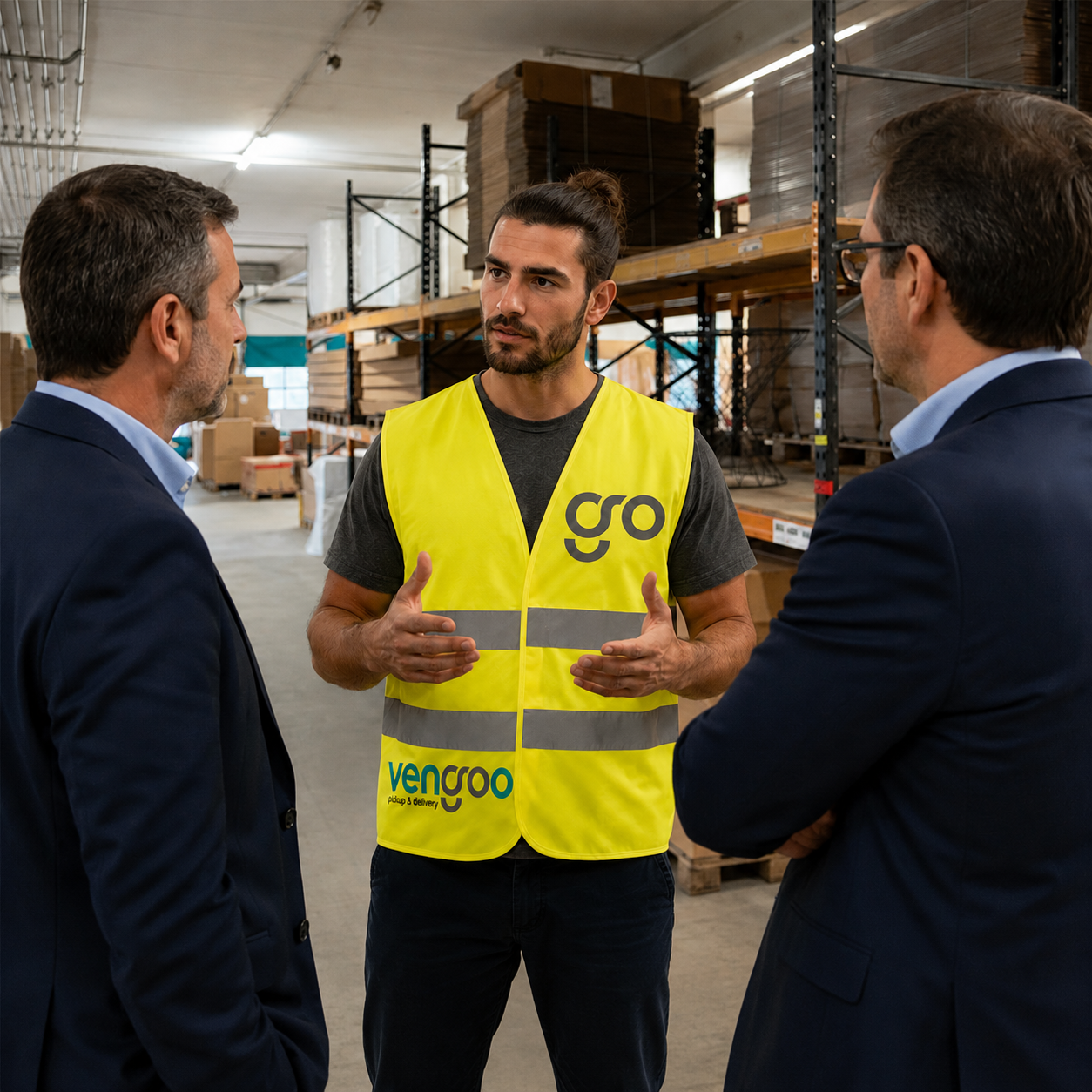Responsable de Vengoo coordinando un servicio de transporte urgente para empresas en Barcelona con responsables de logística industrial.