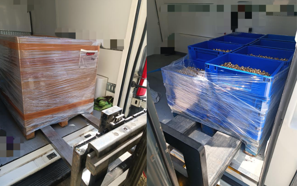 Transporte urgente para empresas con mercancía paletizada en Barcelona Mercancía paletizada preparada para transporte urgente para empresas en Barcelona mediante servicio de recogida y entrega directa.