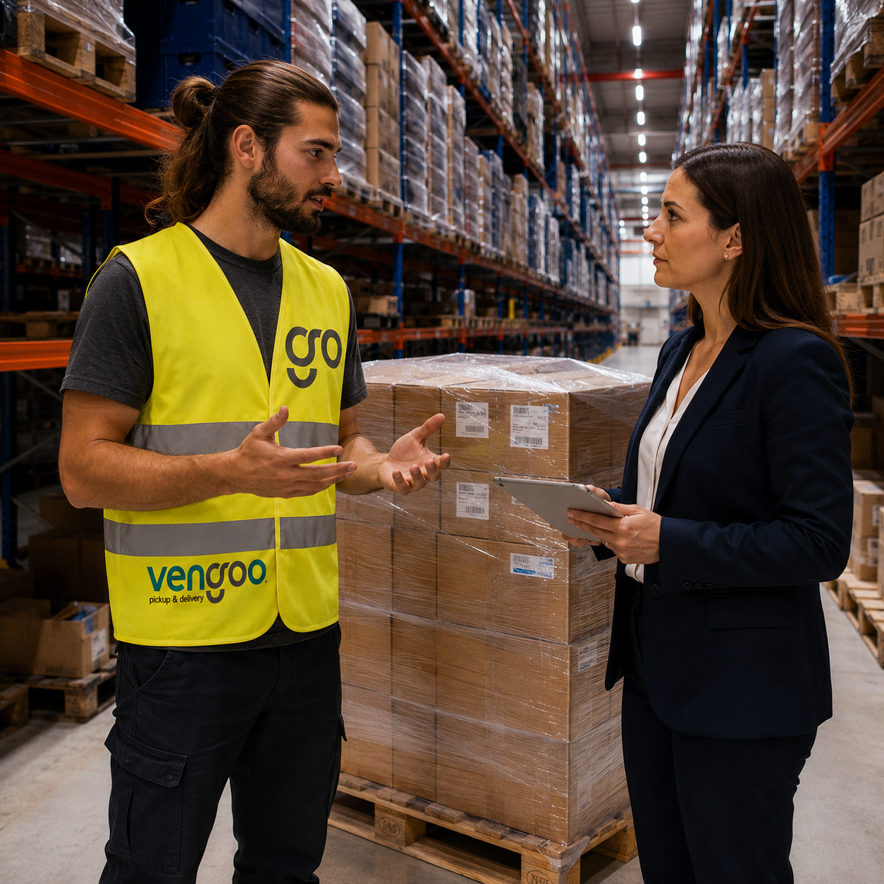 Transporte urgente de mercancía paletizada en Barcelona con coordinación logística entre empresa cliente y Vengoo para recogida y entrega directa
