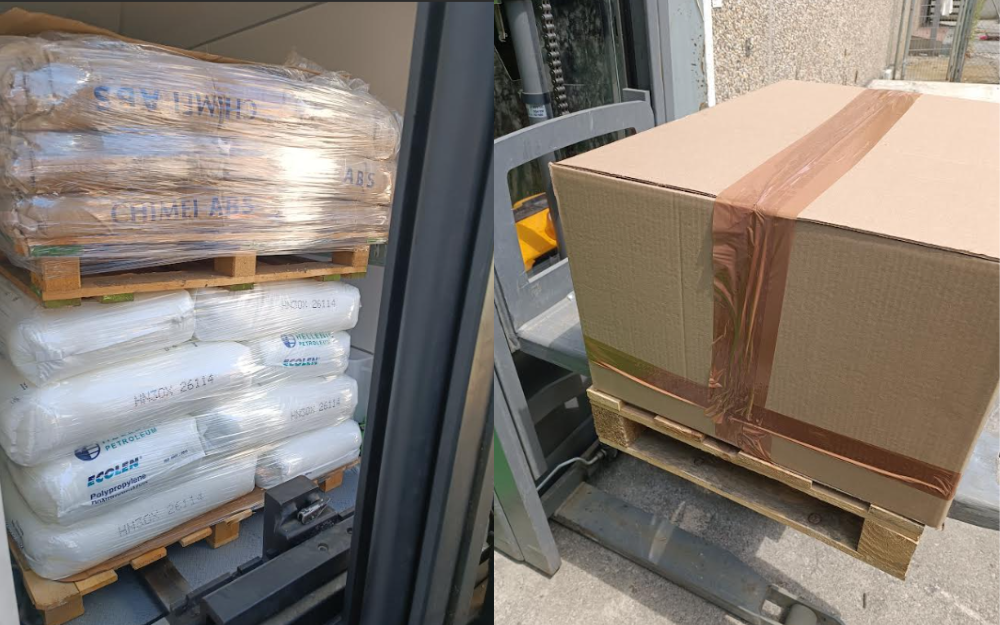 Transporte urgente de mercancías industriales para empresas en Barcelona Mercancía industrial paletizada preparada para transporte urgente para empresas en Barcelona mediante recogida y entrega directa.